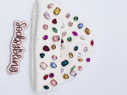 Bling Distressed Beanie | Colorful Rhinestone Statement Hat | Fisherman Beanie
