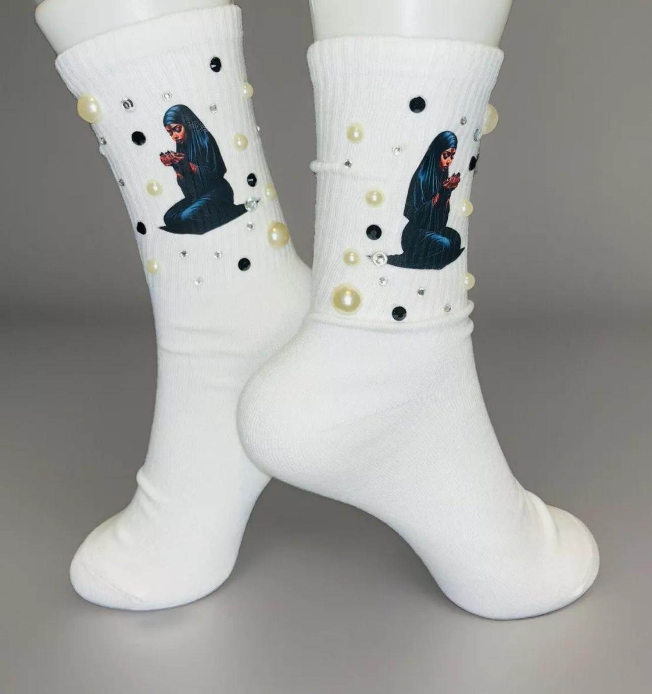 Religious Make Dua Bling Pearl Socks, Rhinestones, Muslim, Muslimah, Prayer Crew socks, Handmade