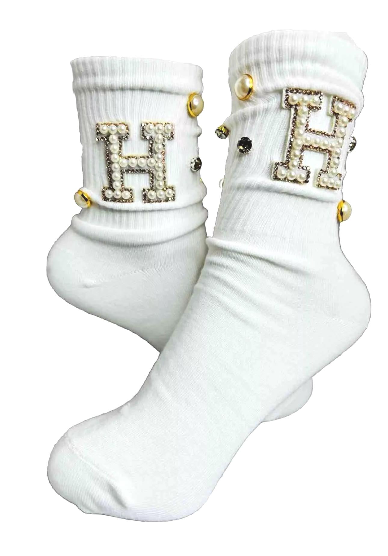 Blinged-Out Pearl H Initial Socks (6-10) |Hand-Sewn Rhinestones| Glam