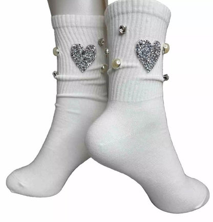 Pearl Bling J Initial Socks for Sizes 6-10 - Hand-Sewn Silver Rhinestone- Glam Socks