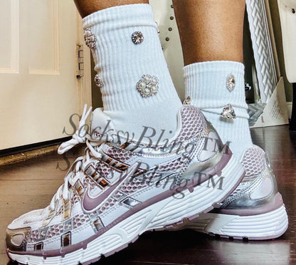 Hand-Sewn Embellished Button Socks | Rhinestone Bling|Gems| Bedazzled