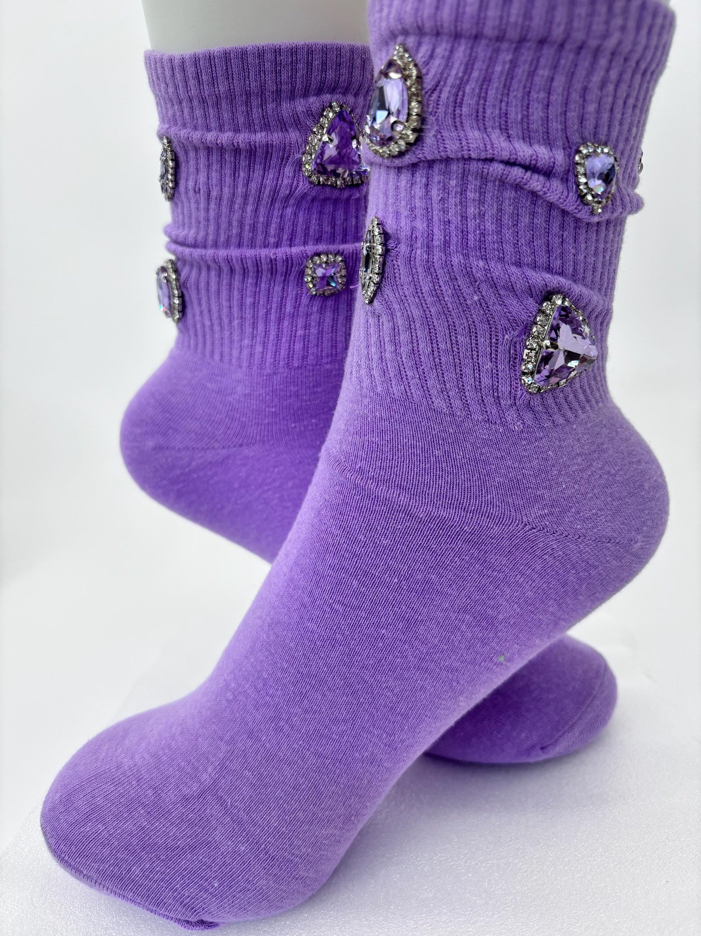 Hand Sewn Rhinestone Socks - Lilac Purple Gem, Size 6-10