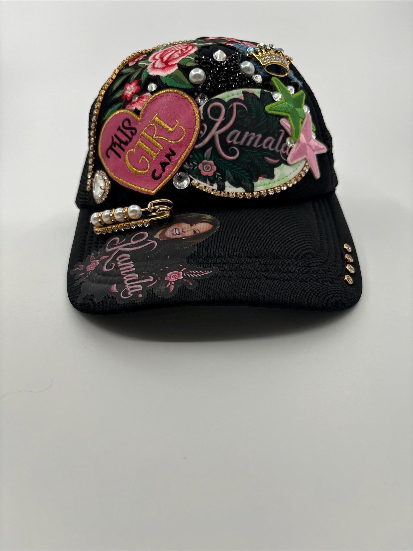Kamala Harris Bling Trucker Hat – Rhinestone & Patch Embellished Cap Hat with Gems