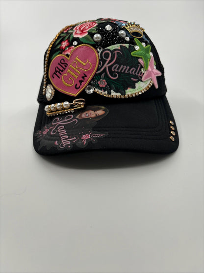 Kamala Harris Bling Trucker Hat – Rhinestone & Patch Embellished Cap Hat with Gems