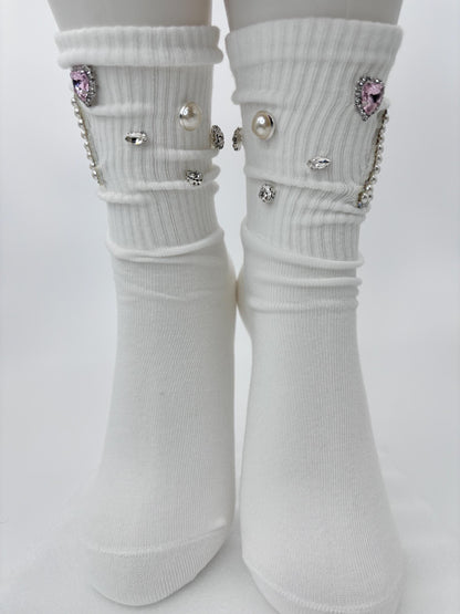 Pearl A Initial Socks (6-10) | Hand-Sewn Silver Rhinestones