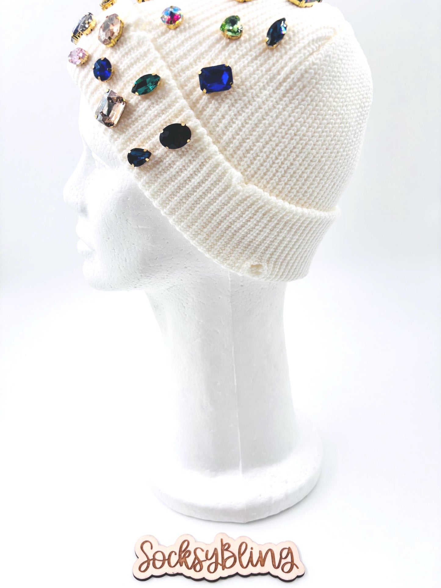 Bling Distressed Beanie | Colorful Rhinestone Statement Hat | Fisherman Beanie