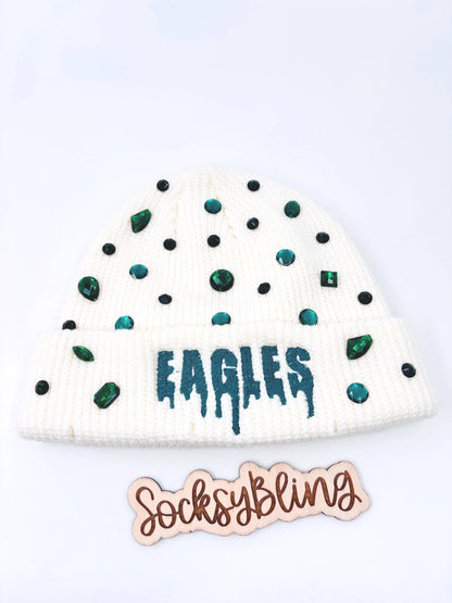 Embroidered Eagle Drip Bling Beanie| Distressed fisherman Beanie|Philly Glam Hat