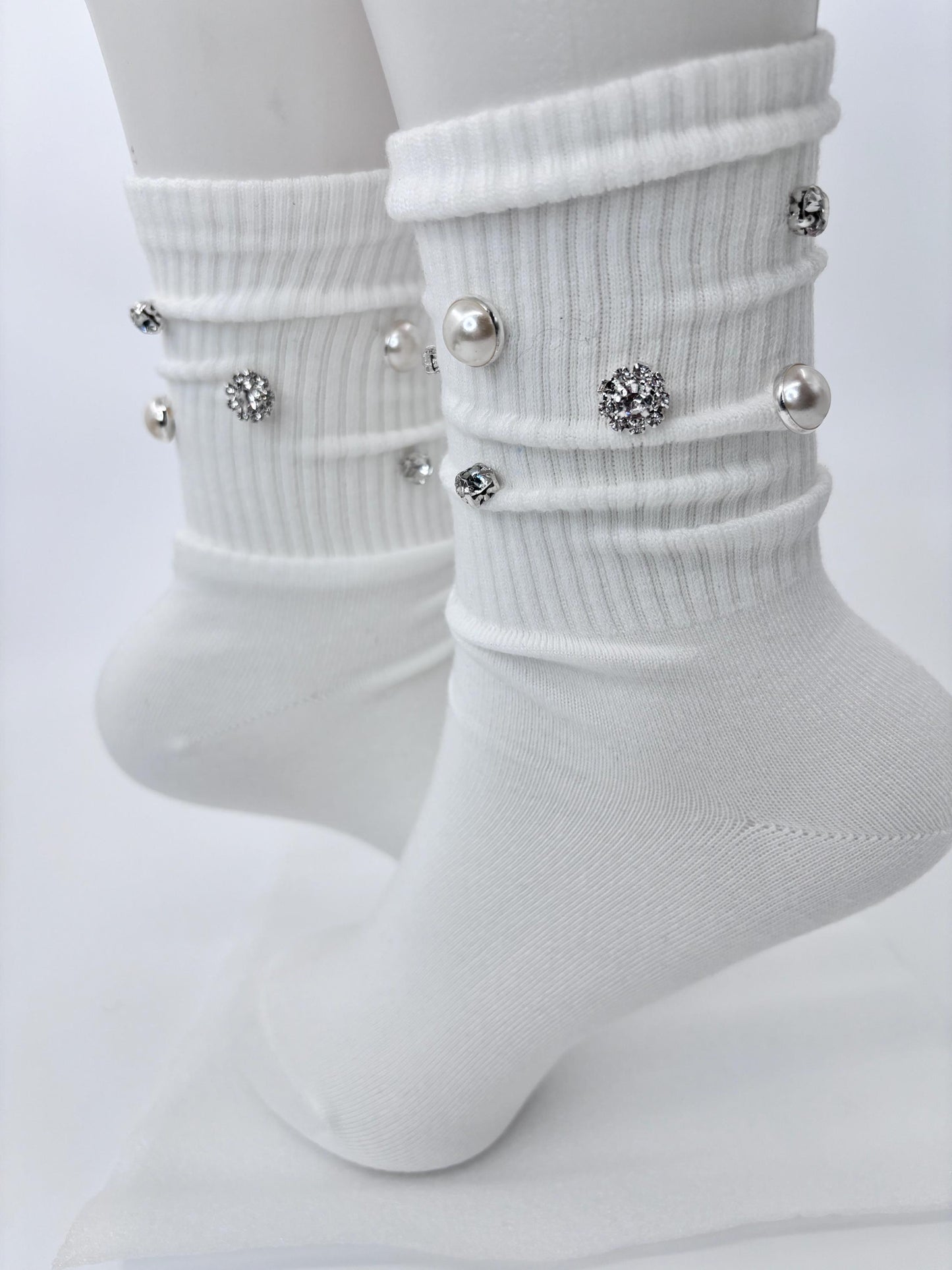 Pearl A Initial Socks (6-10) | Hand-Sewn Silver Rhinestones