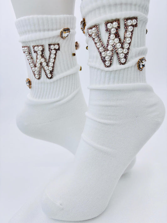 Pearl Gold Bling W Initial Socks for Sizes 6-10 - Hand-Sewn Rhinestone, Glitter, Glam