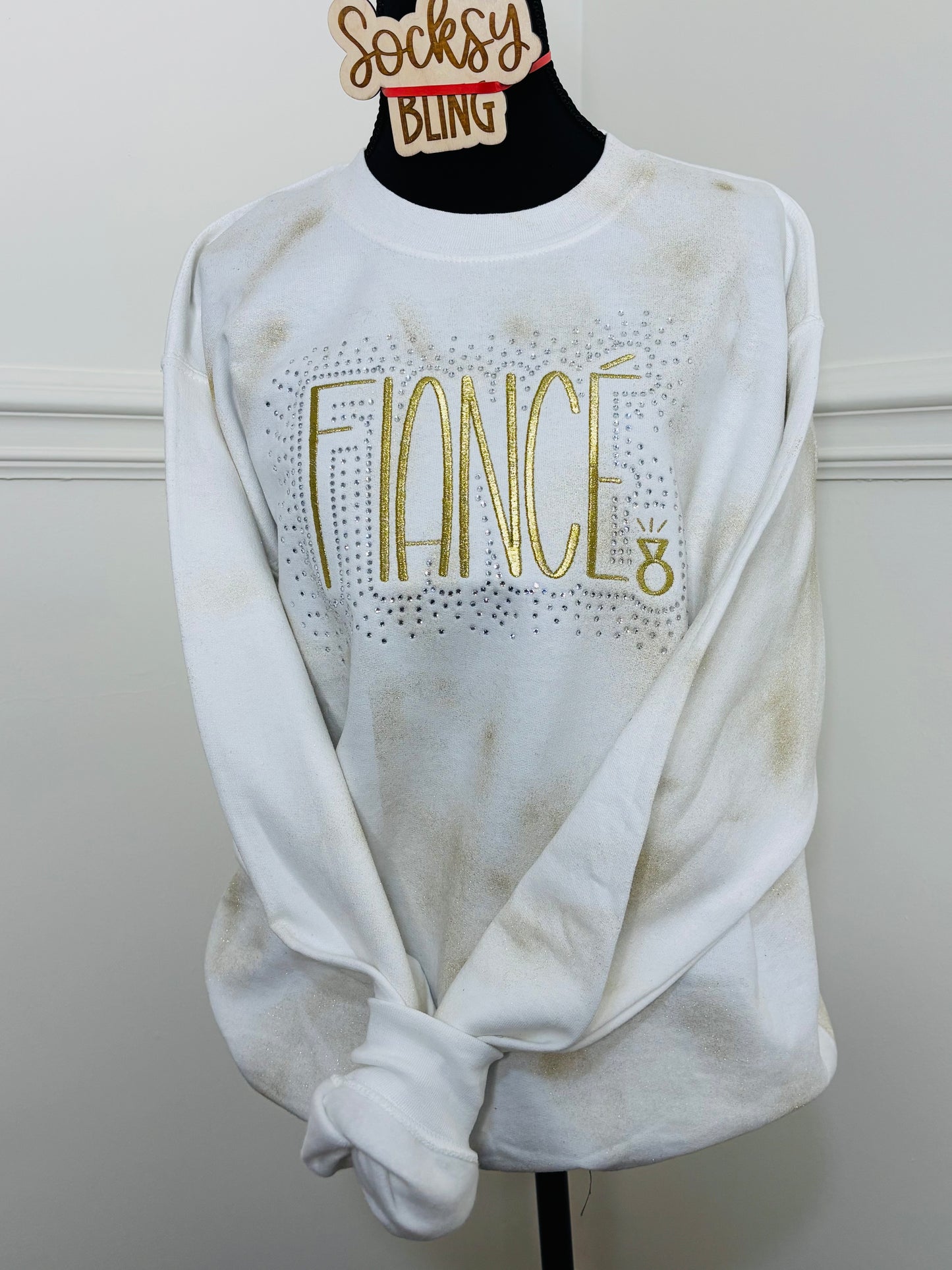 Embroidered FIANCÉ Gold Glitter Tie-Dye Sweatshirt • Bridal Gift • SocksyBling®