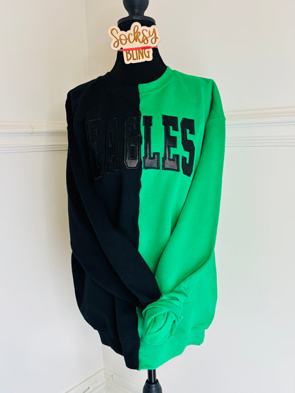 EAGLES Split-Color Faux Leather Appliqué Crewneck