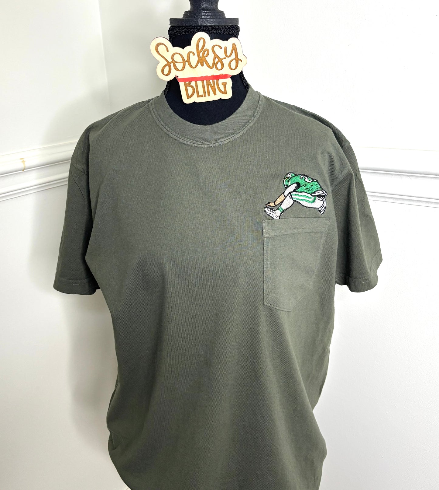 Custom Embroidered Football Pocket Shirt| Pocket Tee with Hurdle Graphic