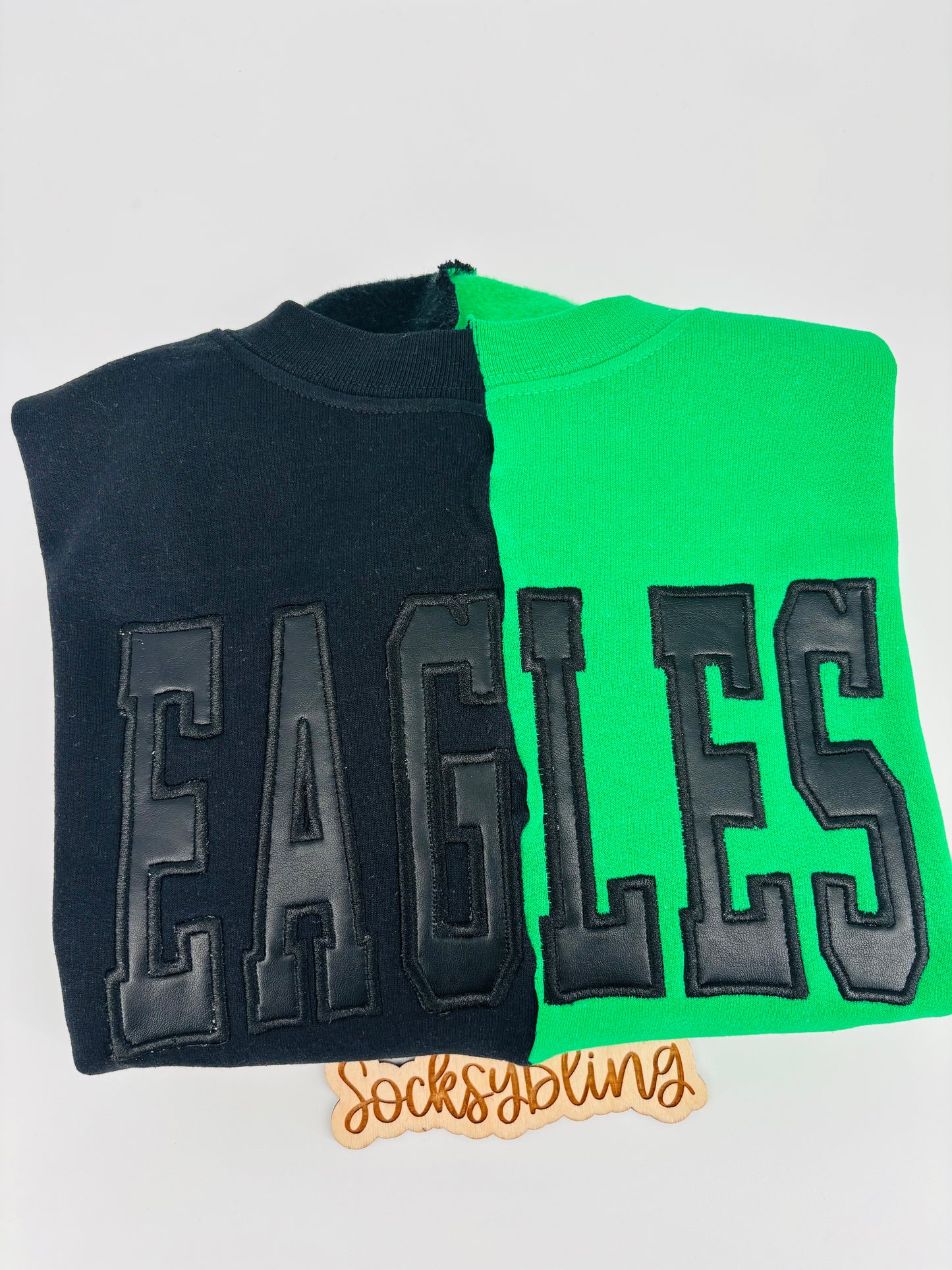 EAGLES Split-Color Faux Leather Appliqué Crewneck