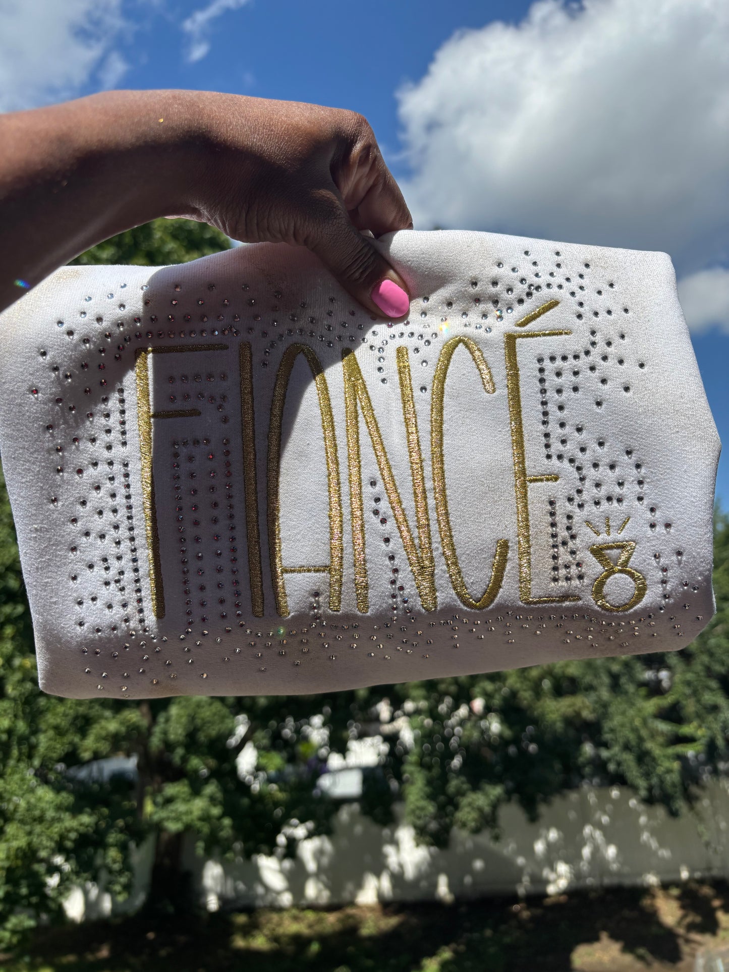 Embroidered FIANCÉ Gold Glitter Tie-Dye Sweatshirt • Bridal Gift • SocksyBling®