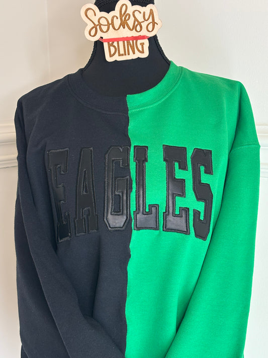 EAGLES Split-Color Faux Leather Appliqué Crewneck
