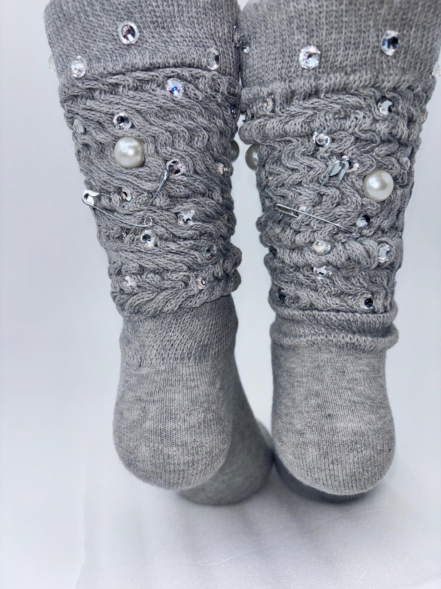 Diamond Bling Socks – Grey Scrunch Pearl & Rhinestone Crew Socks | Sparkly Streetwear Accessories |Junk SocksStatement Socks | SocksyBling™