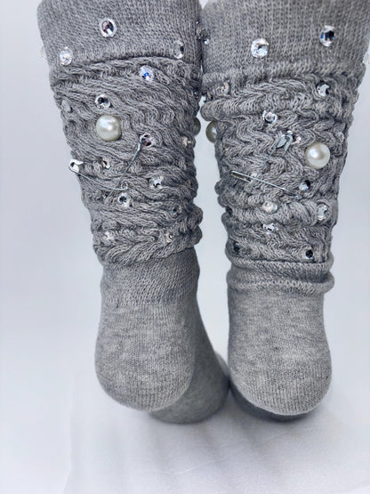 Diamond Bling Socks – Grey Scrunch Pearl & Rhinestone Crew Socks | Sparkly Streetwear Accessories |Junk SocksStatement Socks | SocksyBling™