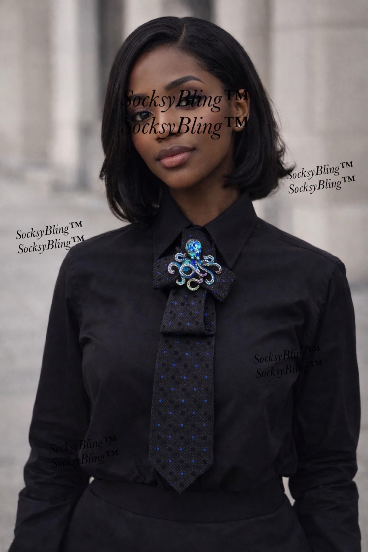 Necklace Tie With Blue Pin Dots |  Pearl Accessory | Hand-Sewn Knot| Octopus Brooch Tie| New Necktie