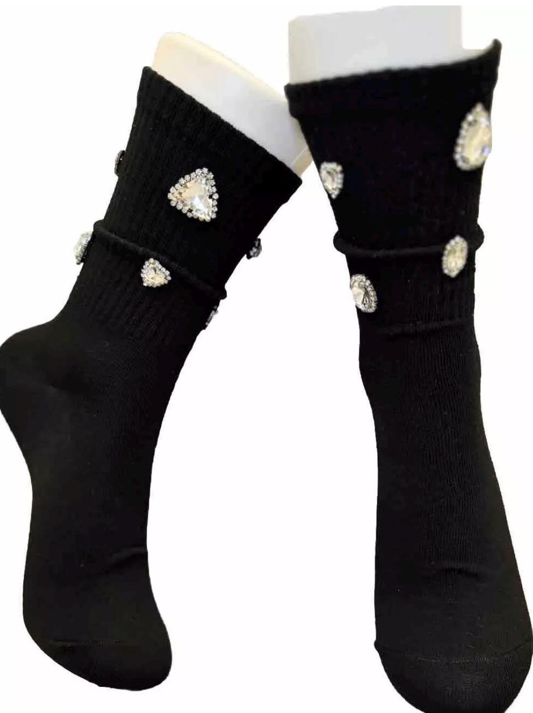 Chunky Gems Black Socks 6-10, Gems, Rhinestones| Hand-Sewn Bling Statement Socks