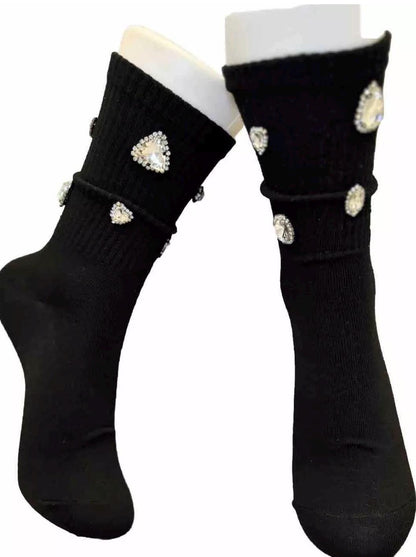 Chunky Gems Black Socks 6-10, Gems, Rhinestones| Hand-Sewn Bling Statement Socks