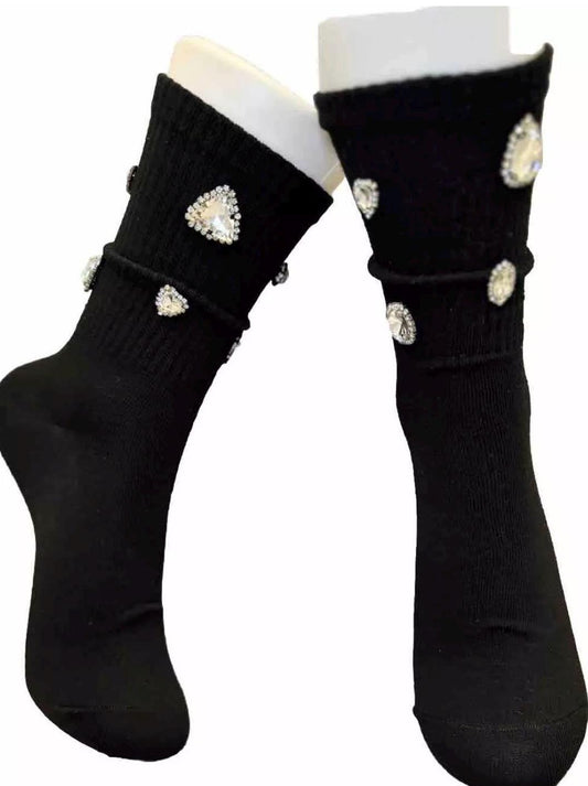 Chunky Gems Black Socks 6-10, Gems, Rhinestones| Hand-Sewn Bling Statement Socks