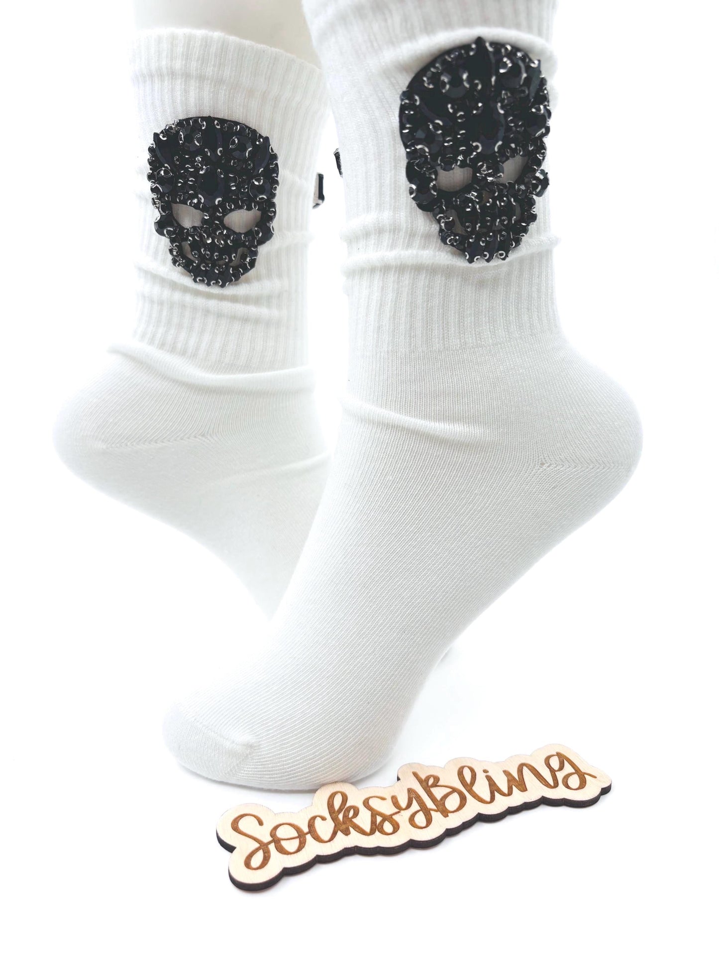 Black Skull Rhinestone Bling Socks 6-10| Cute Socks for Women| Hand-Sewn Gems Statement Socks