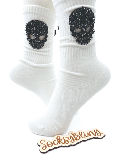 Black Skull Rhinestone Bling Socks 6-10| Cute Socks for Women| Hand-Sewn Gems Statement Socks