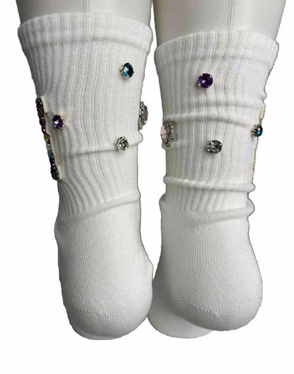 Pastel M Initial Hand-Sewn Rhinestone Socks ( 6-10)| Bling Gem Socks