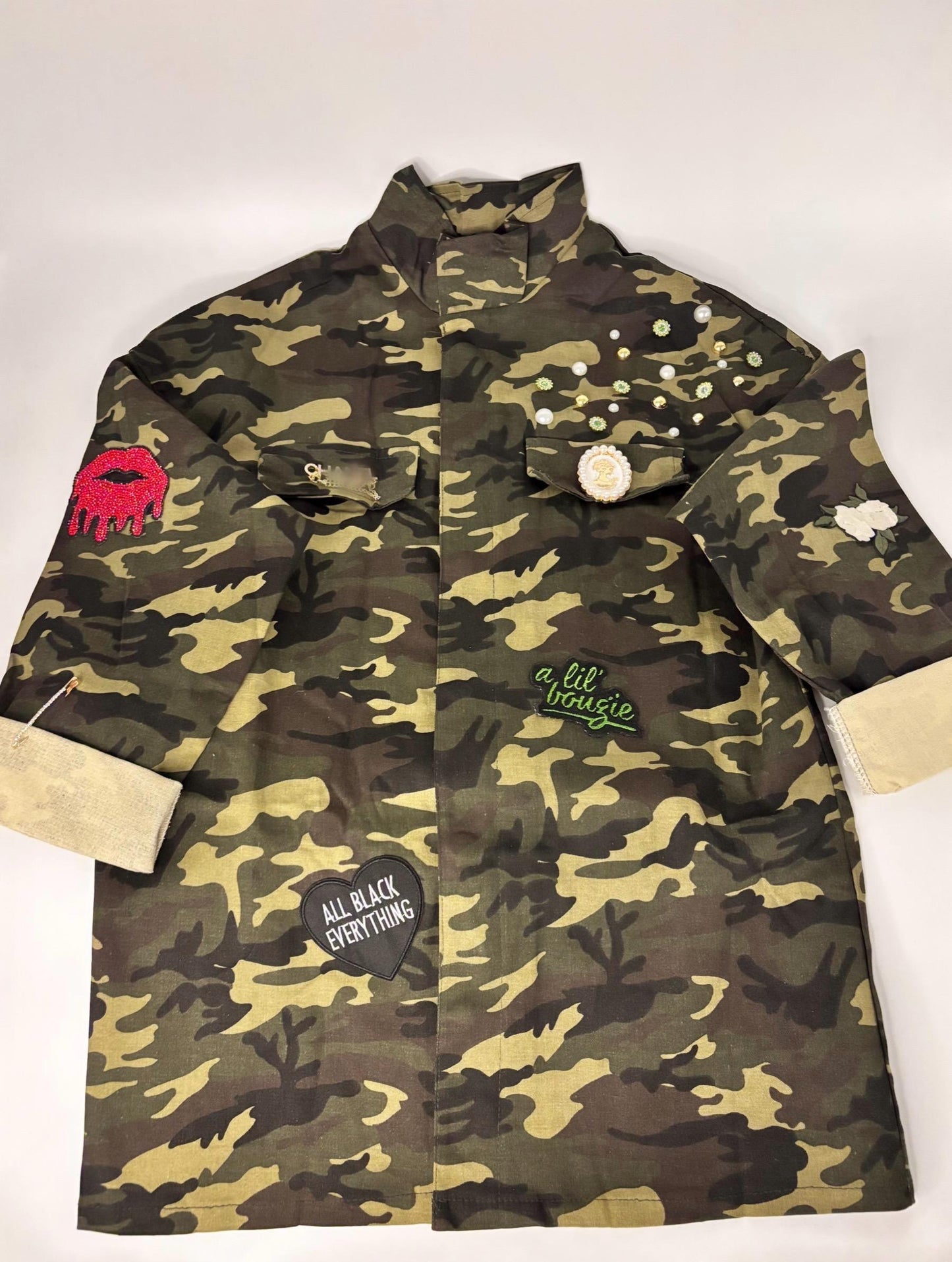 Military Chic meets Glam: Camo Patch Shirt with Shimmering Rhinestones  Blinged Out, Green Fatigue