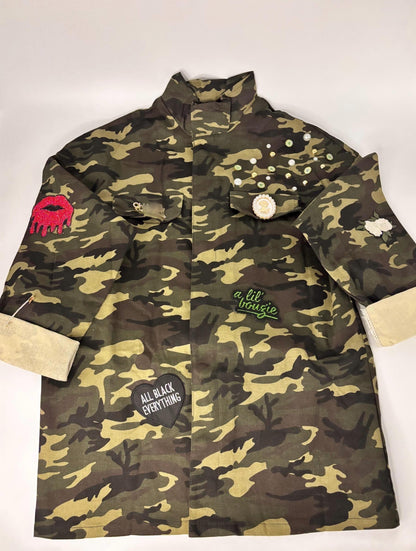 Military Chic meets Glam: Camo Patch Shirt with Shimmering Rhinestones  Blinged Out, Green Fatigue