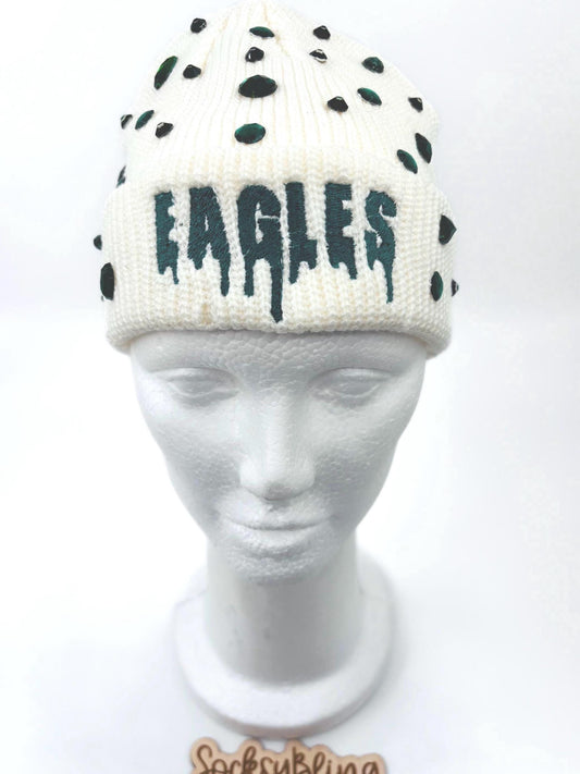 Embroidered Eagle Drip Bling Beanie| Distressed fisherman Beanie|Philly Glam Hat