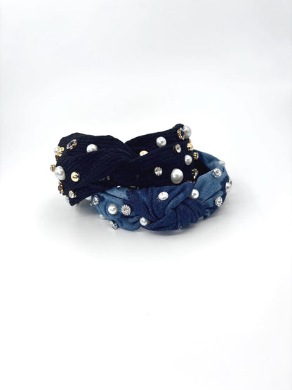 Handmade Knotted Headband with Pearls and Rhinestones