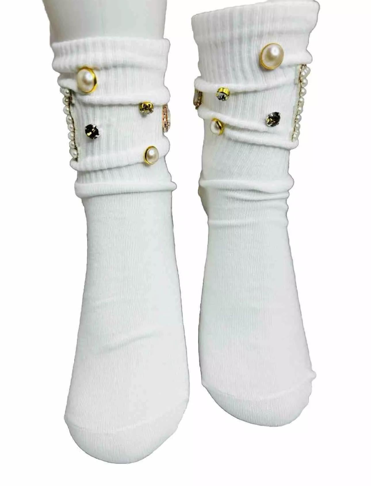 Blinged-Out Pearl H Initial Socks (6-10) |Hand-Sewn Rhinestones| Glam