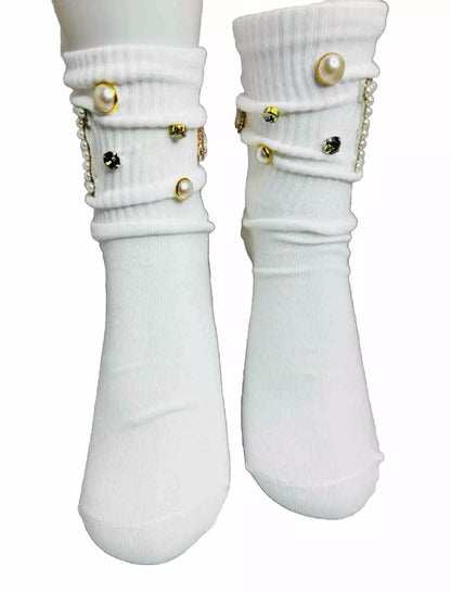 Blinged-Out Pearl H Initial Socks (6-10) |Hand-Sewn Rhinestones| Glam