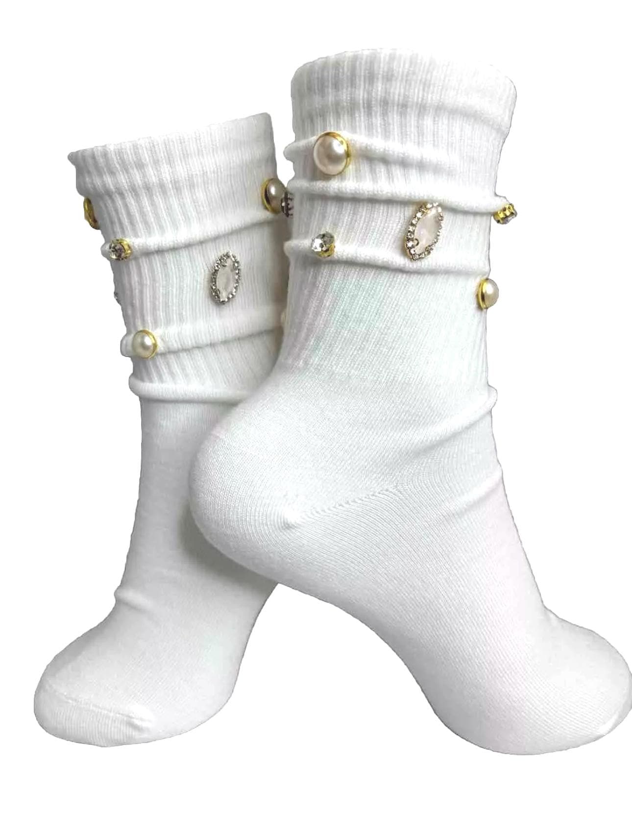 Blinged-Out Pearl H Initial Socks (6-10) |Hand-Sewn Rhinestones| Glam