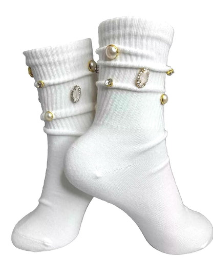 Blinged-Out Pearl H Initial Socks (6-10) |Hand-Sewn Rhinestones| Glam