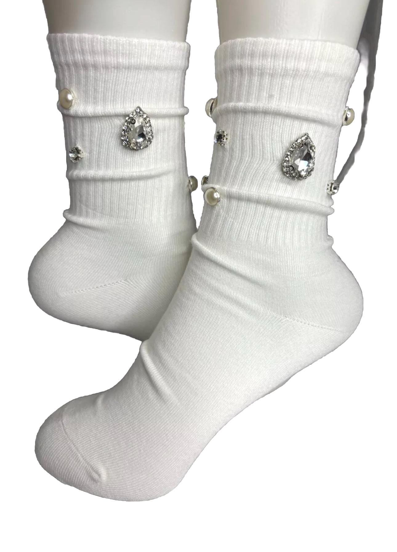 Blinged- Out Pearl V Initial Hand-Sewn Rhinestone Socks (6-10), Bling, Gems