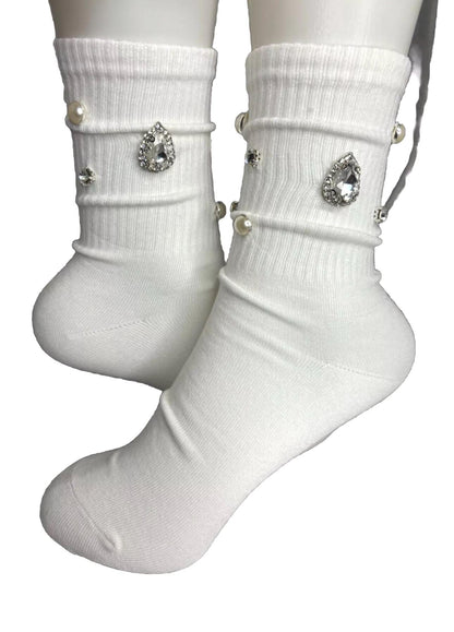 Blinged- Out Pearl V Initial Hand-Sewn Rhinestone Socks (6-10), Bling, Gems