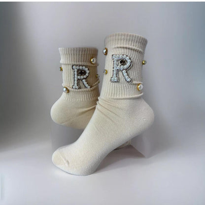 Pearl R Initial Beige Socks (6-10) Hand-Sewn with Gold Rhinestone Glam