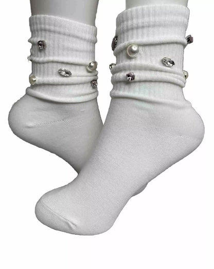 Pearl Bling F Initial Socks for Sizes 6-10 - Hand-Sewn Silver Rhinestone- Glam Socks
