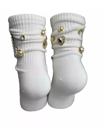 Blinged-Out Pearl L Initial Socks (6-10)|Hand-Sewn Rhinestones|  Glam Socks