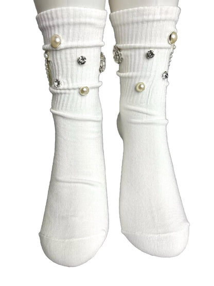 Blinged- Out Pearl V Initial Hand-Sewn Rhinestone Socks (6-10), Bling, Gems