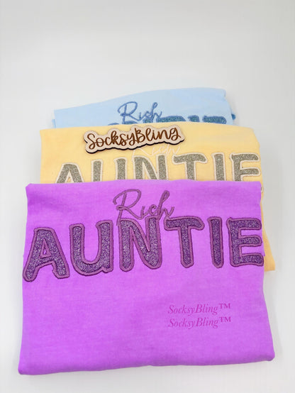 Rich Auntie Shirt – Embroidered Glitter Tee | Bougie Soft Glam Vibes