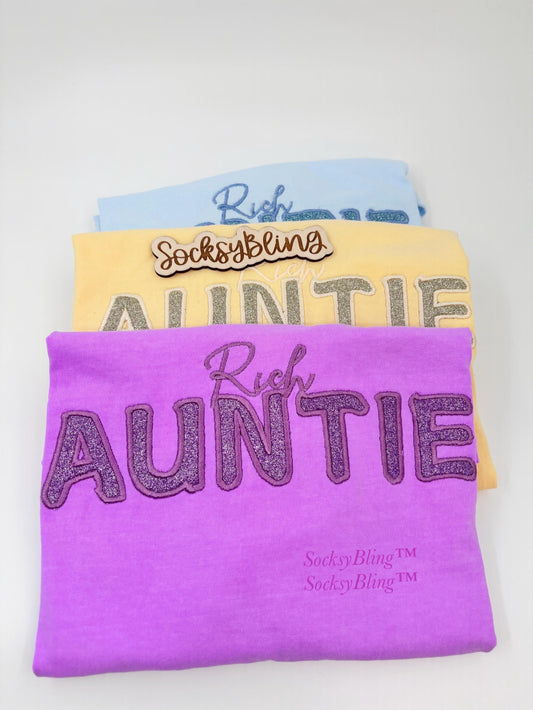 Rich Auntie Shirt – Embroidered Glitter Tee | Bougie Soft Glam Vibes