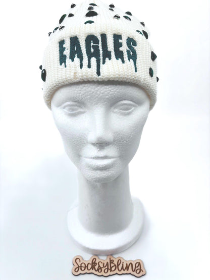 Embroidered Eagle Drip Bling Beanie| Distressed fisherman Beanie|Philly Glam Hat