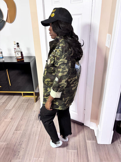 Military Chic meets Glam: Camo Patch Shirt with Shimmering Rhinestones  Blinged Out, Green Fatigue