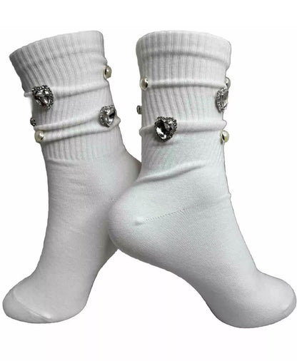 Custom N Initial Pearl Silver Bling Socks ( 6-10) Luxe Rhinestone Details, Hand-Sewn Gems