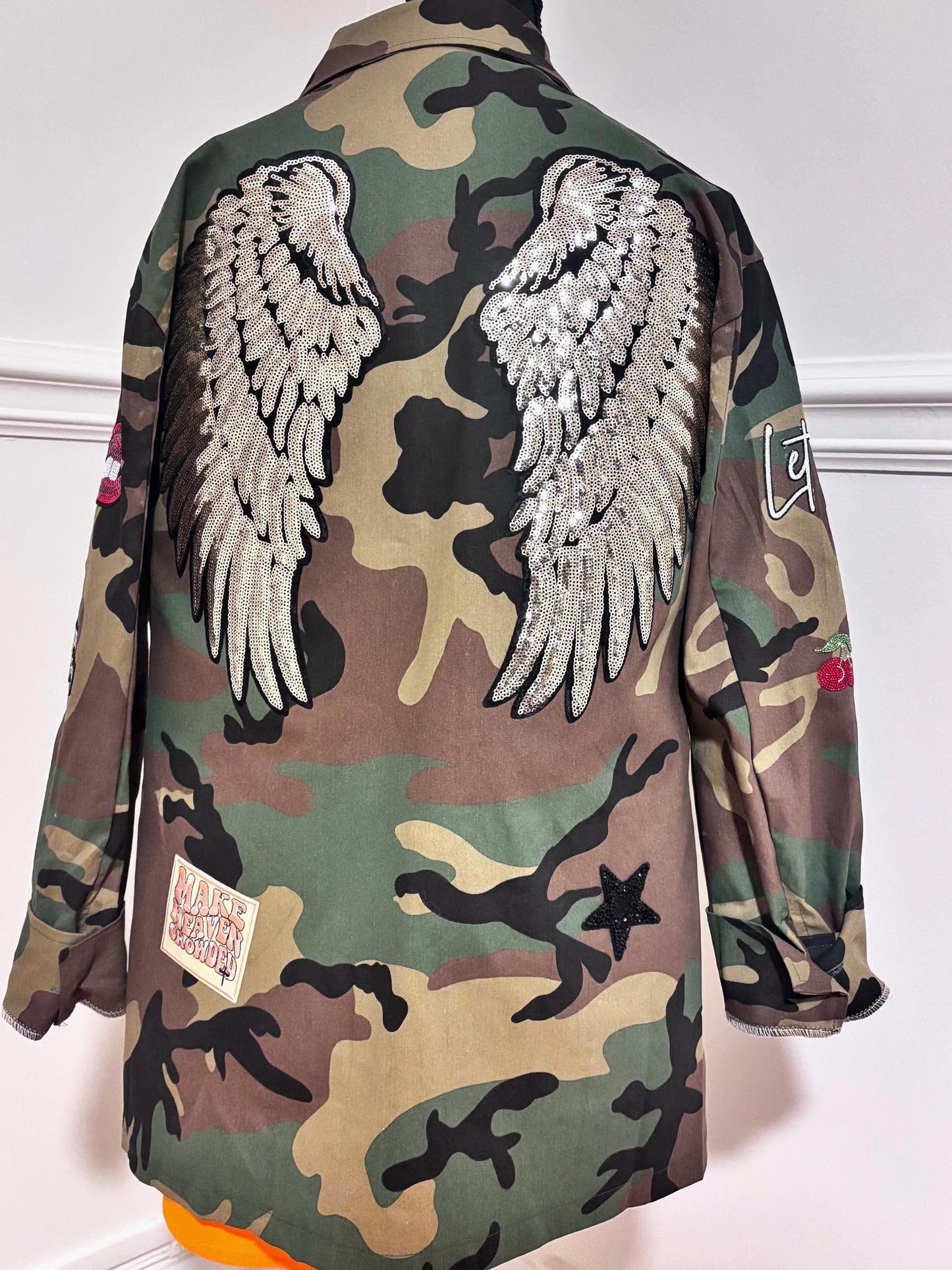 Military Chic meets Glam: Camo Patch Jacket with Shimmering Rhinestones| Bling and Patches