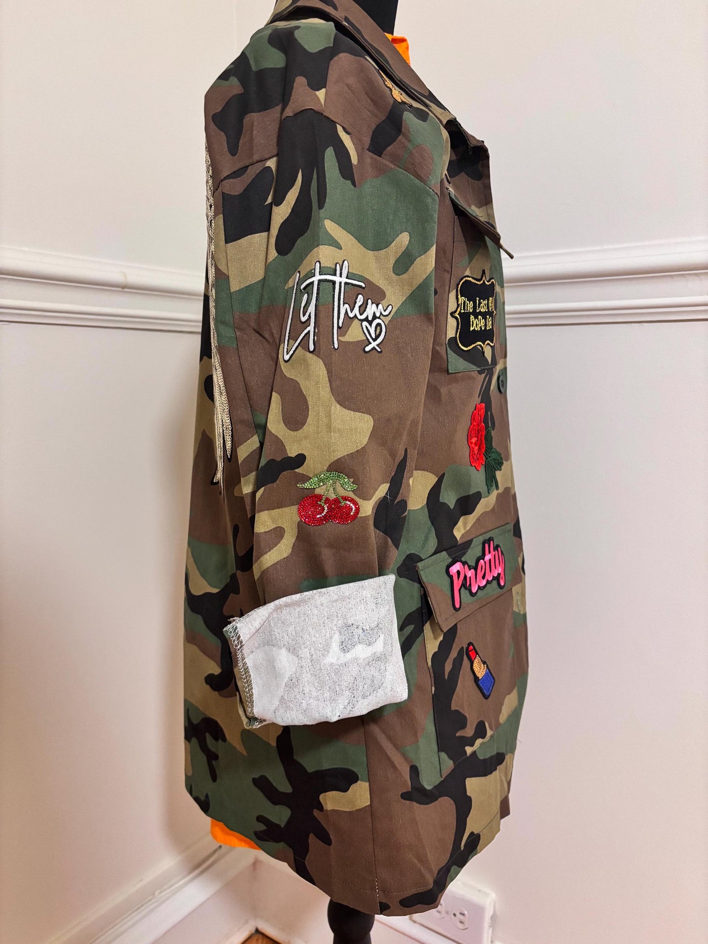 Military Chic meets Glam: Camo Patch Jacket with Shimmering Rhinestones| Bling and Patches