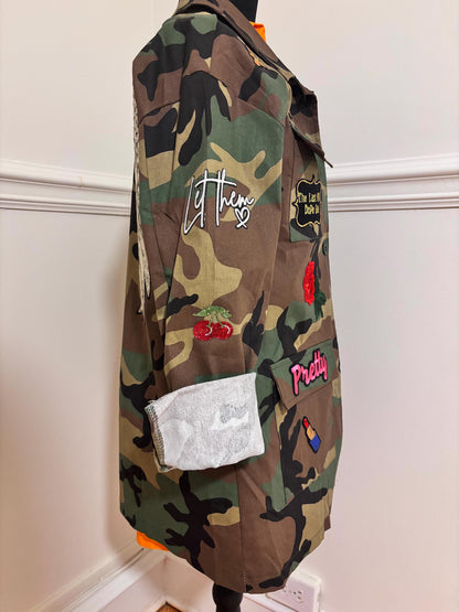 Military Chic meets Glam: Camo Patch Jacket with Shimmering Rhinestones| Bling and Patches